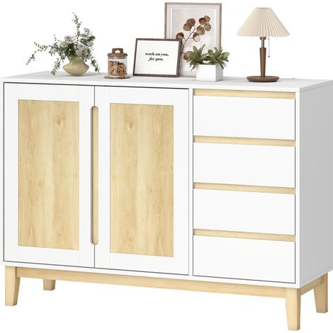 Buffet de rangement 2 portes 4 tiroirs étagère réglable 120x40x86 cm blanc chêne (1/5)