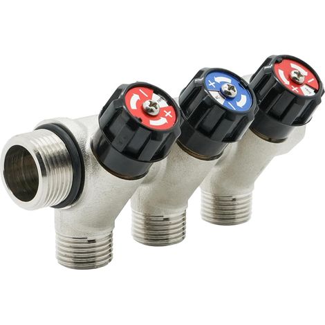 Distributeur d'eau à 3 voies en laiton nickelé - Entrée 3/4", 3 sorties 1/2" - Avec poignée rotative et 3 vannes d'arrêt - Pour chauffage, alimentation en eau et jardin