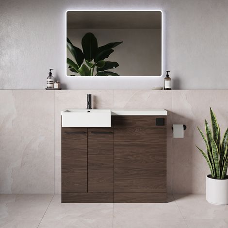 Napoli 250 Brown Oak 1000mm 2 Door Vanity Unit Toilet Suite with Left Hand Square Rico Semi Recessed Basin - 1000mm - Matt Black 160mm HandleWithout Kingston Toilet Pan