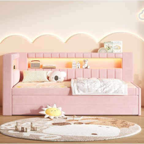 Cama nido 90x200 cm rosa de MDF con LED, USB y 3 cajones, sin colchón – MEUBLIV (1/5)