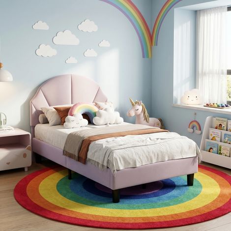 JOOKGBD-Letto Bambino 90x190 cm,Letto Singolo Imbottito con Testiera Regolabile in Altezza,Rete a Doghe in Legno Inclusa,Velluto Morbido e Confortevole per Ragazze e Adolescenti,Rosa
