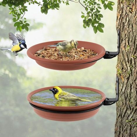 Baño para pájaros de 2 piezas, Bebedero para pájaros, Bebedero, Se puede instalar en vallas de madera, árboles y patios, Marrón (1/5)