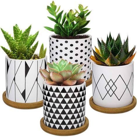 Pot De Fleurs - Céramique - 7,1 cm - Avec Plateau En Bambou - Pour Plantes Grasses Et Petites Plantes - Lot De 4