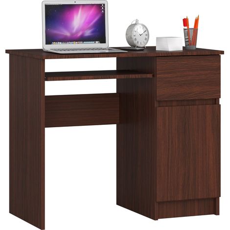 Escritorio de ordenador AKORD PIKSEL Wenge de 90 cm con lado derecho con 1 puerta 1 cajón frente en color Wenge 3 estantes de 90x50x77 cm (1/5)