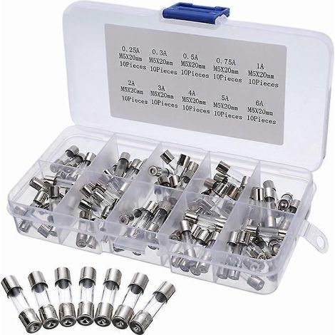 Jeu de 20 fusibles en verre à action rapide de 5 mm, kit de fusibles à action rapide avec boîtier en plastique transparent et calibres de 10 A : 0,2 A, 0,5 A, 1 A, 2 A, 3 A, 5 A, 6 A et 8 A. (1/5)