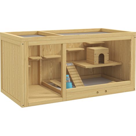 Cage pour petits animaux/cage à ronger, en bois de sapin, avec accessoires et biberon, 100 x 50 x 50 cm, naturel (1/5)