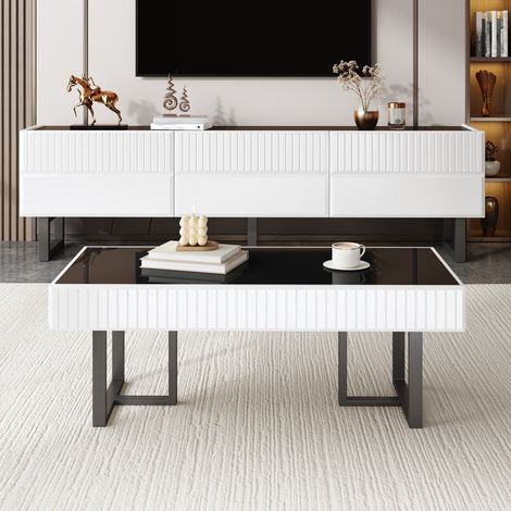Ensemble meuble tv et table basse noir et blanc design minimaliste avec rangement pour salon (1/5)