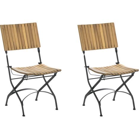 Conjunto de 2 sillas de jardín sin reposabrazos de madera de acacia laminada estructura de acero moderno marrón claro Lascari