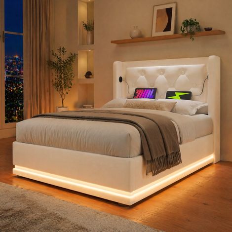 lit coffre 90x200 cm PU blanc LED USB Type-C HAVRYA (1/5)
