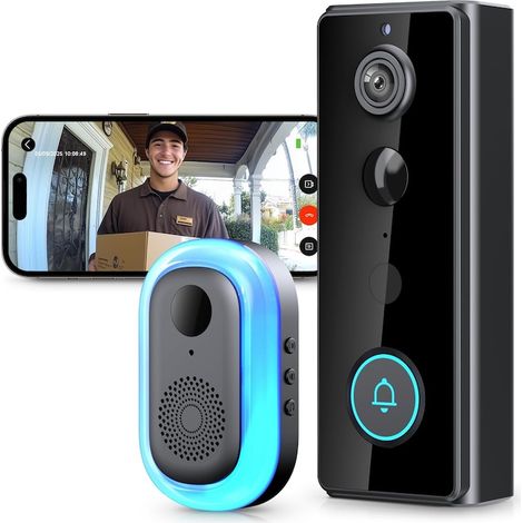 Sonnette connectée, résolution vidéo 2K, vision nocturne, microphone audio bidirectionnel, filaire pour la sécurité de votre domicile, appels vocaux, interphone vidéo, batterie 4000 mAh, étanchéité IP (1/5)