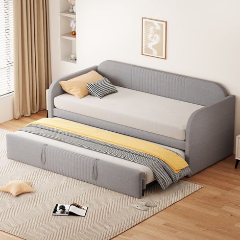 Divano letto 90/180×190 con letto estraibile, letto imbottito per bambini, rete a doghe, lino grigio chiaro, struttura in metallo (1/5)