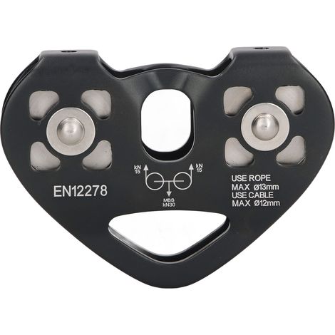 Polea de escalada exterior de doble eje fabricada en aluminio de calidad aeronáutica, color negro.