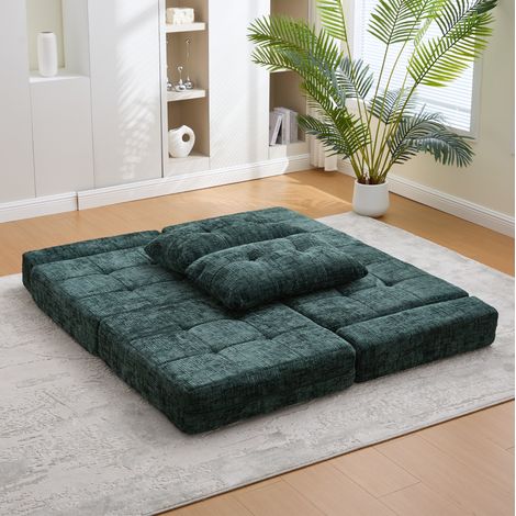 Divano letto pieghevole 79x79x57 cm verde scuro con schienale e cuscini, tessuto chenille, MEUBLIV (1/5)