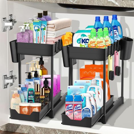 Rangement sous Evier 2 étages,Organisateur sous Evier Tiroir Coulissant à Extraction,étagère de cuisine, étagère à épices, Panier de rangement multifonction pour salle de bain–Noir,2PCS (1/5)