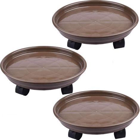 3-Pack 30 cm Support de Plante de Palette en Plastique Support de Pot de Fleur Rond, Chariot de Palette de Pot de Plante avec Roues (Marron) (1/5)