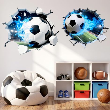 Set of 2 3D wall stickers - Realistic football design - Perforated effect - Sports wall decal - Wall decoration for teenager's room - Children's room and bedroom (1/5)