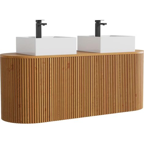 Meuble de salle de bain suspendu en teck avec double vasque à poser carrée et robinet - Naturel clair - 150 cm - TOWARI (1/5)