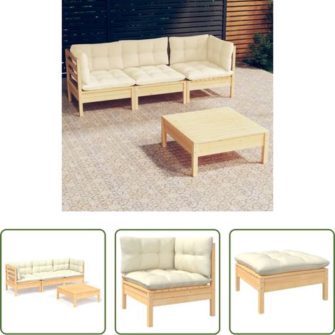 vidaXL Terrassenmöbel -  4-tlg. Garten-Lounge-Set mit Creme Kissen Kiefernholz (1/5)