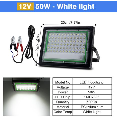 Projecteur LED étanche IP65 pour extérieur – Alimentation AC 220 V / DC 12 V – Puissance 50 W – Lumière blanche froide – Connecteur crocodile inclus