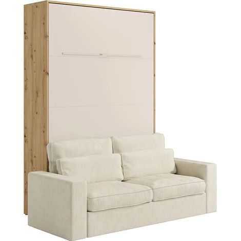 Letto a scomparsa 160 x 200 cm - Apertura verticale manuale - Con LED - Beige e naturale + Divano in velluto a coste beige - RAPILI (1/5)