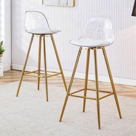 Tabouret de bar - KOMHTOM - 38x33x96,5 cm - Dossier transparent - Piétement doré - Lot de 2 (1/5)