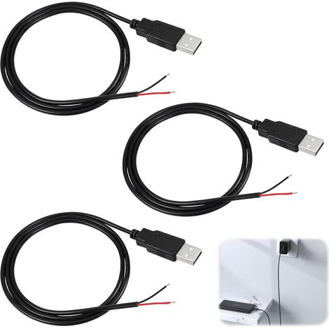 Lot de 3 Câbles d'Extension d'Alimentation 5V 2A, 2 Mètres 2 Broches Fil Nu, Connecteur USB Mâle pour Réparation DIY, Queue de Cochon pour Appareils Électroniques, Lampes LED et Petits Ventilateurs (1/5)