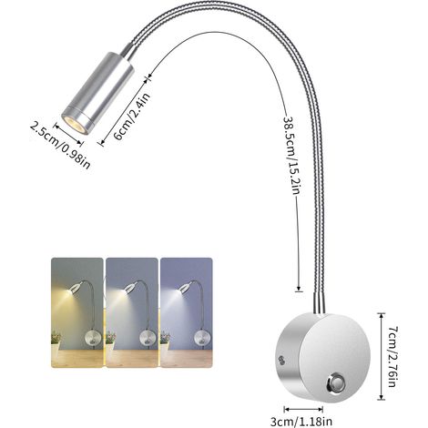 Lampada da lettura a parete flessibile 3W – braccio cilindrico regolabile, design minimalista argento per comodino, camera, hotel o interno moderno