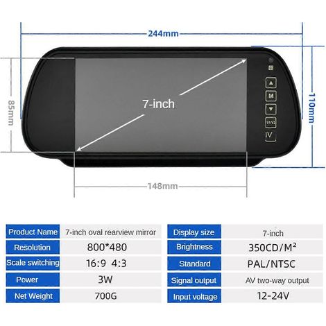 Moniteur LCD de 7 pouces pour rétroviseur de voiture avec caméra de recul -- (1/5)