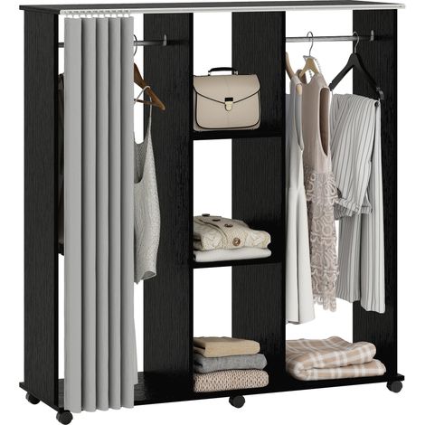 Armoire penderie Meuble de Rangement Mobile 6 roulettes 120L x 40l x 128H cm en bois Noir