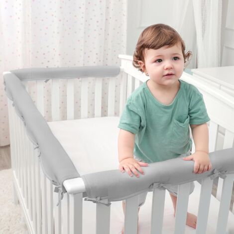 Lot de 3 barrières de lit pour bébé, protections d'angle réversibles et sangles de protection pour garçons et filles (1 longue, 2 courtes, gris) (1/4)