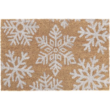 Relaxdays Felpudo Coco Diseño Copitos Nieve, 60x40 cm, Tapete Interior y Exterior, Antideslizante, Natural y Blanco