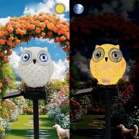 Lumières de hibou à yeux bleus blancs alimentées par solaire, lampe de sol d'animal mignon en résine décorative jardin, crépuscule sans fil à l'aube LED lumières chaudes imperméables. (1/5)