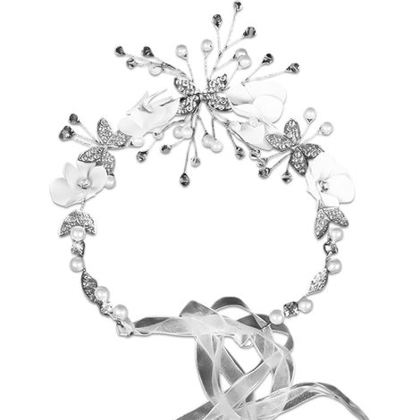 Diadema Comunión - Flor Blanca Perlas Cristal Aleación - Para Niñas y Mujeres - 28 x 4 cm - Blanco (1/5)