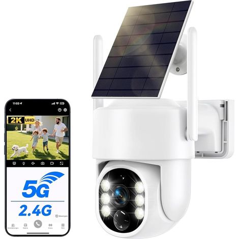 Camera Surveillance WiFi Exterieure sans Fil Solaire 2.5K 4MP avec Panneau Solaire 5W, 2K QHD, Batterie 8000mAh, 2.4G et 5GHz Wi-FI, 360° PTZ Suivi Automatique, IP66, PIR Détection (1/5)
