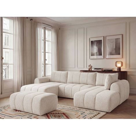 BOBOCHIC - Canapé panoramique fixe NESTY tissu chiné avec pouf Angle gauche  Beige (1/5)