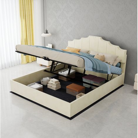 Cama baúl 160x200 cm de madera y tejido beige con somier hidráulico y colchón – MEUBLIV (1/5)