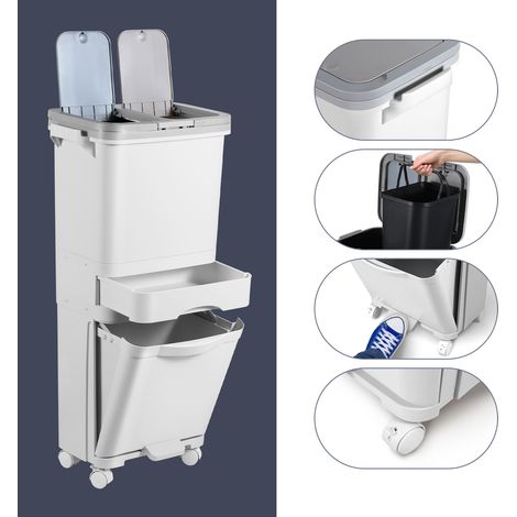 TolleTour Küchenmülleimer 42 L aus PP, vertikales 3-Ebenen-Design, mit 3-fach Mülltrennung, Fußpedal, Aufbewahrungsschublade und arretierbaren Lenkrollen, Weiß (1/5)