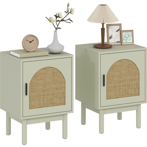 Lot de 2 Tables de Chevet, Porte en Résine Tressée, Étagère Réglable, 40 x 35 x 58 cm, Vert Clair (1/5)