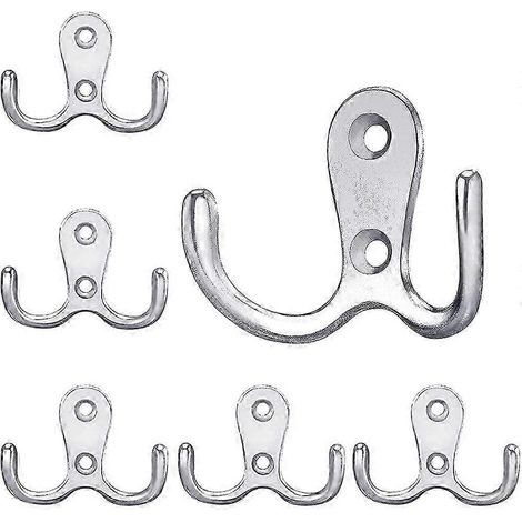 Patères, lot de 6 crochets muraux doubles vintage en alliage de zinc argenté avec vis pour salle de bain et cuisine, 53 x 41 mm (1/4)