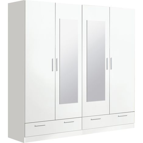 Pegane – Armoire penderie 4 portes avec 2 tiroirs – Miroirs – Coloris blanc – Longueur 202 cm – Hauteur 200 cm – Panneaux de particules mélamine