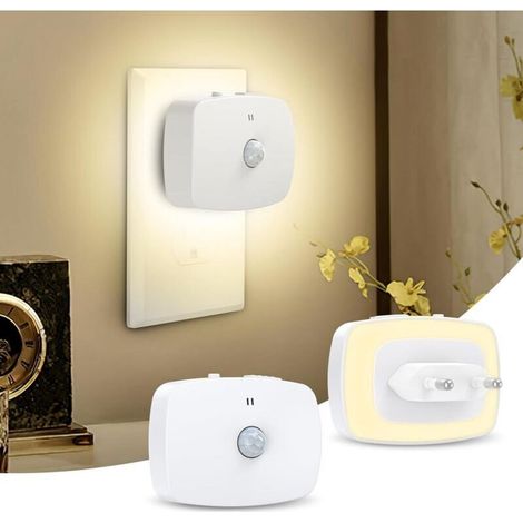 Veilleuse LED à brancher avec détecteur de mouvement et luminosité réglable, idéale pour les chambres, les couloirs, les escaliers et les cuisines. Lot de 2.