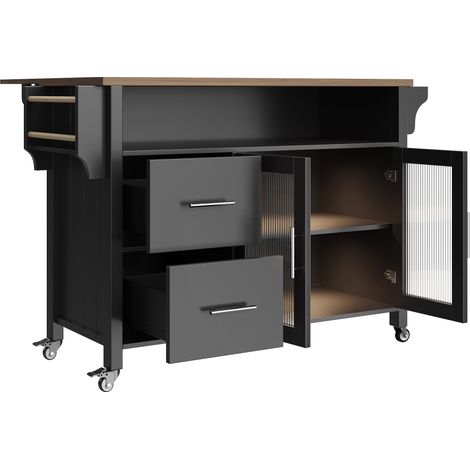 Îlot de cuisine sur roulettes avec table de travail en MDF, vitrine en verre ondulé, LED, porte-serviettes latéral noir (1/5)