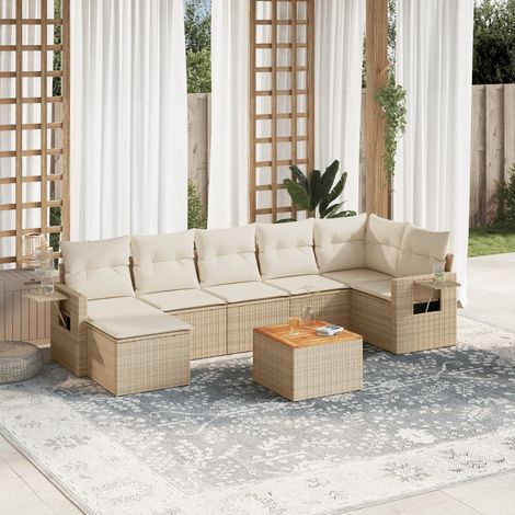 Ensemble de Jardin 8 Places en Résine Tressée Beige avec Coussins et Table Acacia - Salon d'Extérieur Modulaire (1/5)