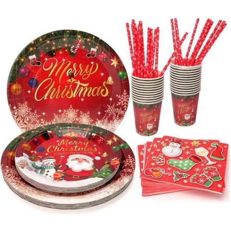 Vaisselle jetable - - Ensemble de fête de Noël - Papier - Style dessin animé - Rouge, Vert, Blanc (1/5)