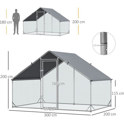 Enclos poulailler argent métal 300x200x200cm couverture anti-UV porte, habitat extérieur pour 4 à 6 poules et petits animaux (1/5)