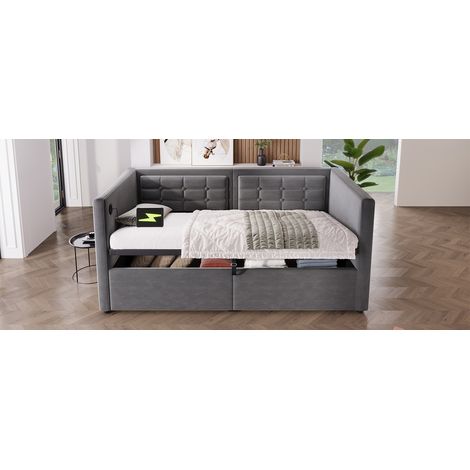 MEUBLIV Schlafsofa 90x200 cm Samt Grau mit Bettkasten und USB, ohne Matratze (1/5)