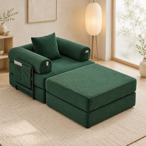 Fauteuil en velours côtelé avec repose-pieds, coussin et poche latérale, vert émeraude OKMYHOME (1/5)