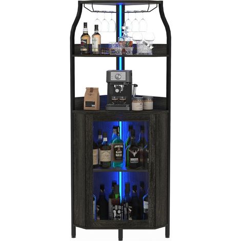Meuble Bar à Vin Industriel 4 Niveaux avec Portes en Verre, Éclairage LED et Porte-Verres (1/5)