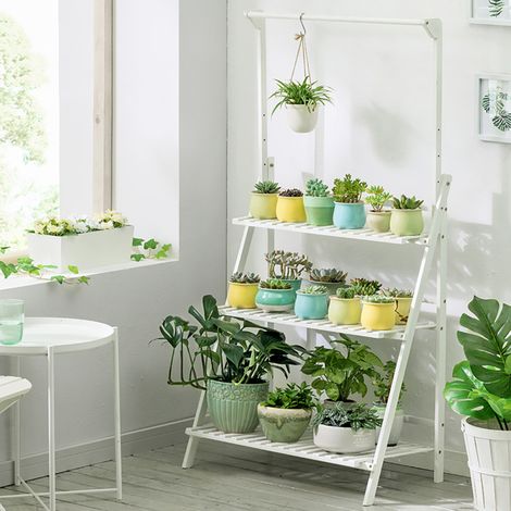 3 Tier Ladder Foldable Plant Stand with Hanging Bar, White