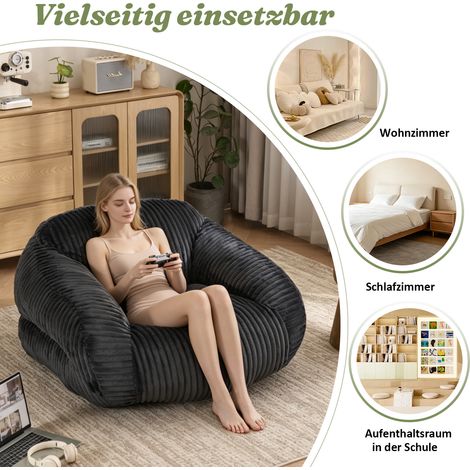 Fauteuil poire adulte, assise lounge moelleuse en velours côtelé, emballé sous vide sans montage, pour salon, chambre, balcon (Gris foncé) (1/5)